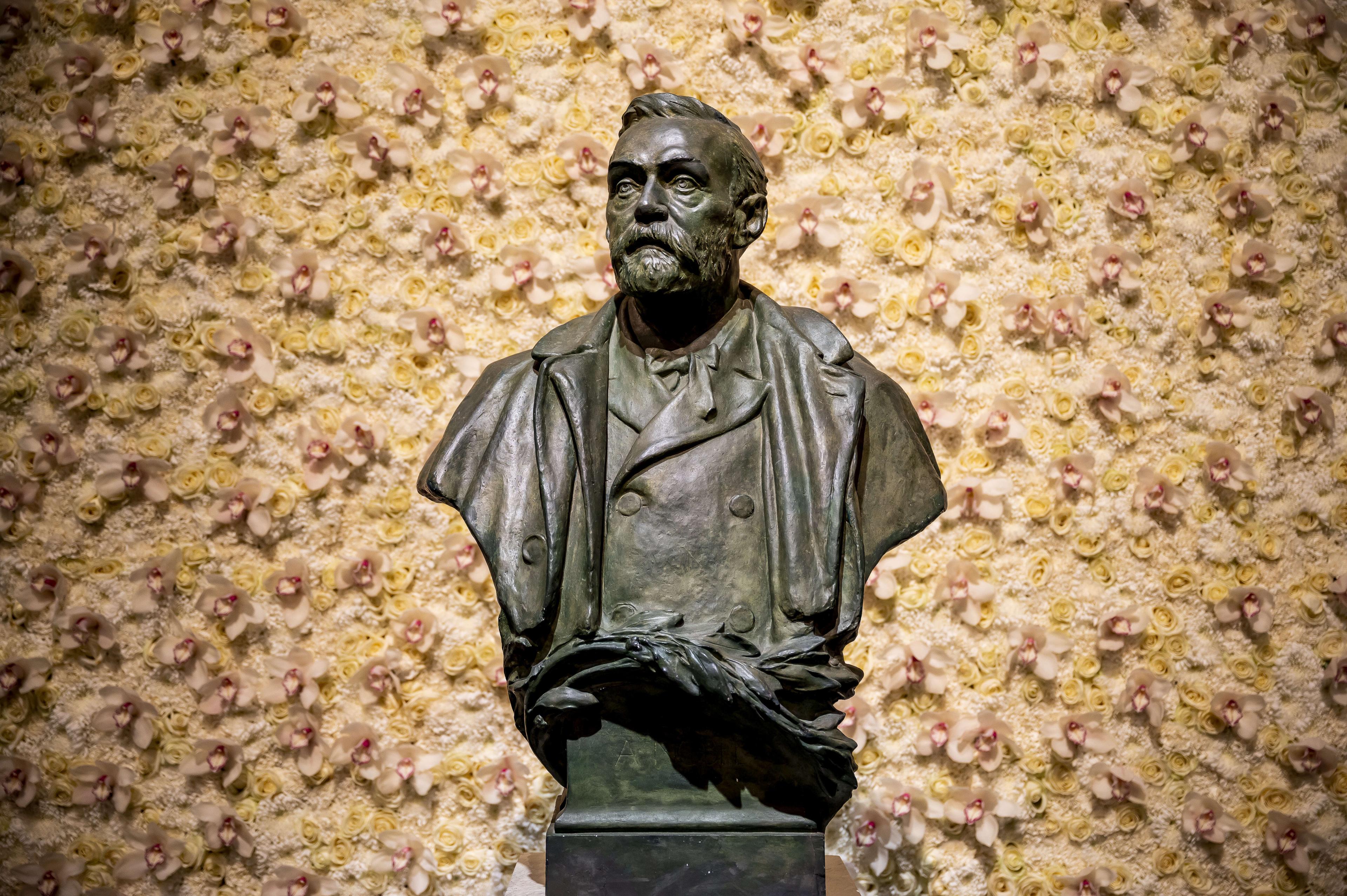 a view of a statue of Alfred Nobel