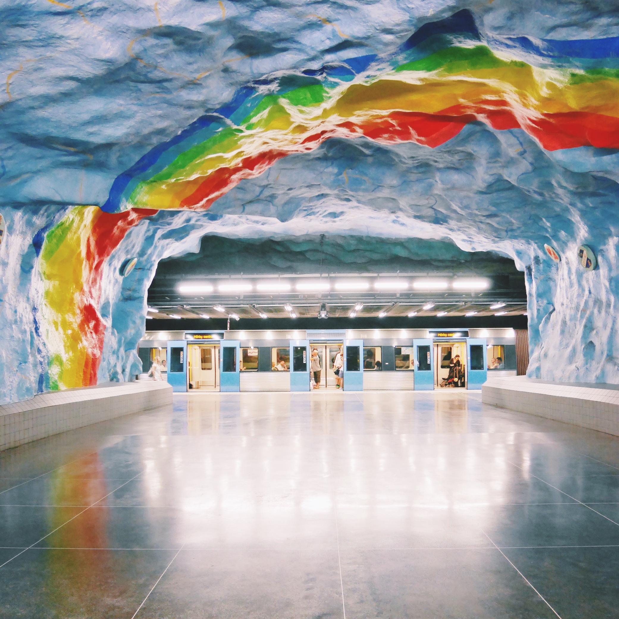Rainbow subway art in Stockholm's Stadion station